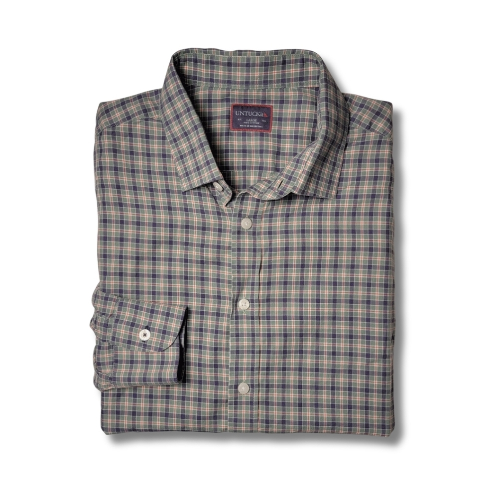 UNTUCKit Sage Green & Blue Plaid Long Sleeve Button Down Shirt L